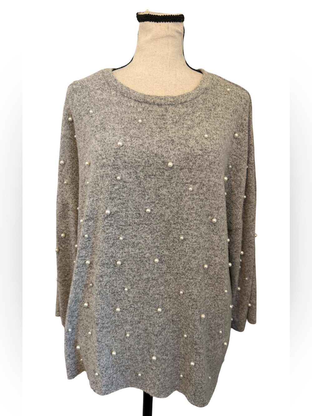 Zara Trafaluc Pearl Embellished Sweater S Gray Knit Long Sleeve NWT